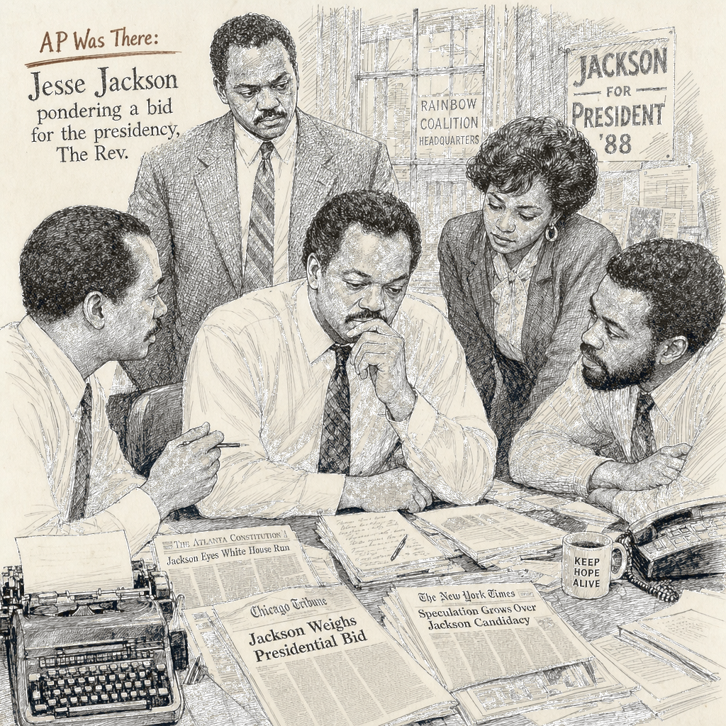 Illustration accompanying article: AP Was There: Jesse Jackson pondering a bid for the presidency