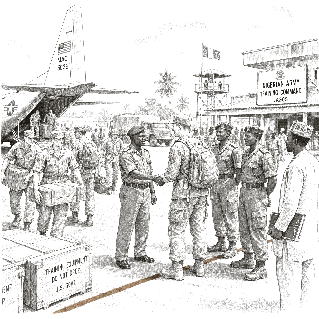 Illustration accompanying article: US troops arrive in Nigeria to help train its military