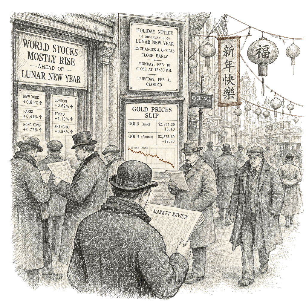 Illustration accompanying article: World stocks mostly rise ahead of Lunar New Year; gold slips