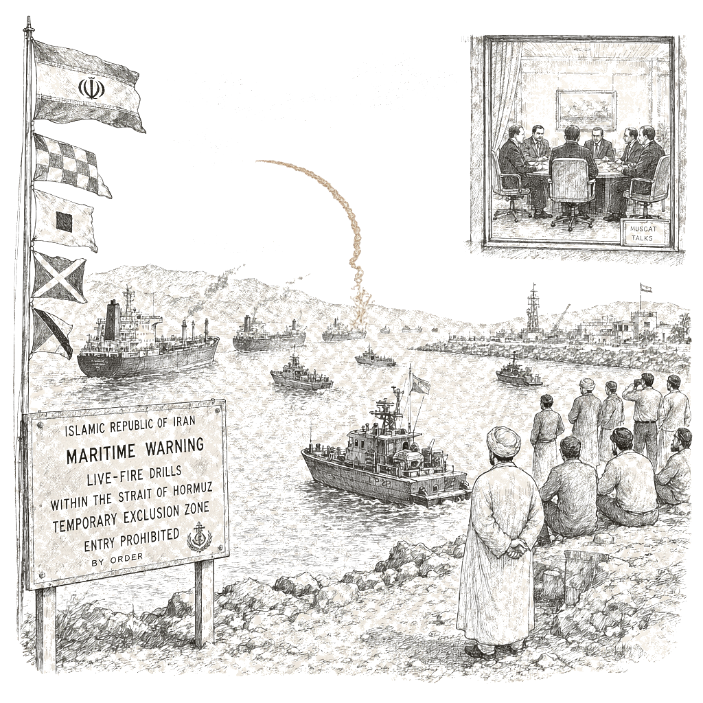 Illustration accompanying article: Iran says it temporarily closed Strait of Hormuz as U.S. nuclear talks continued