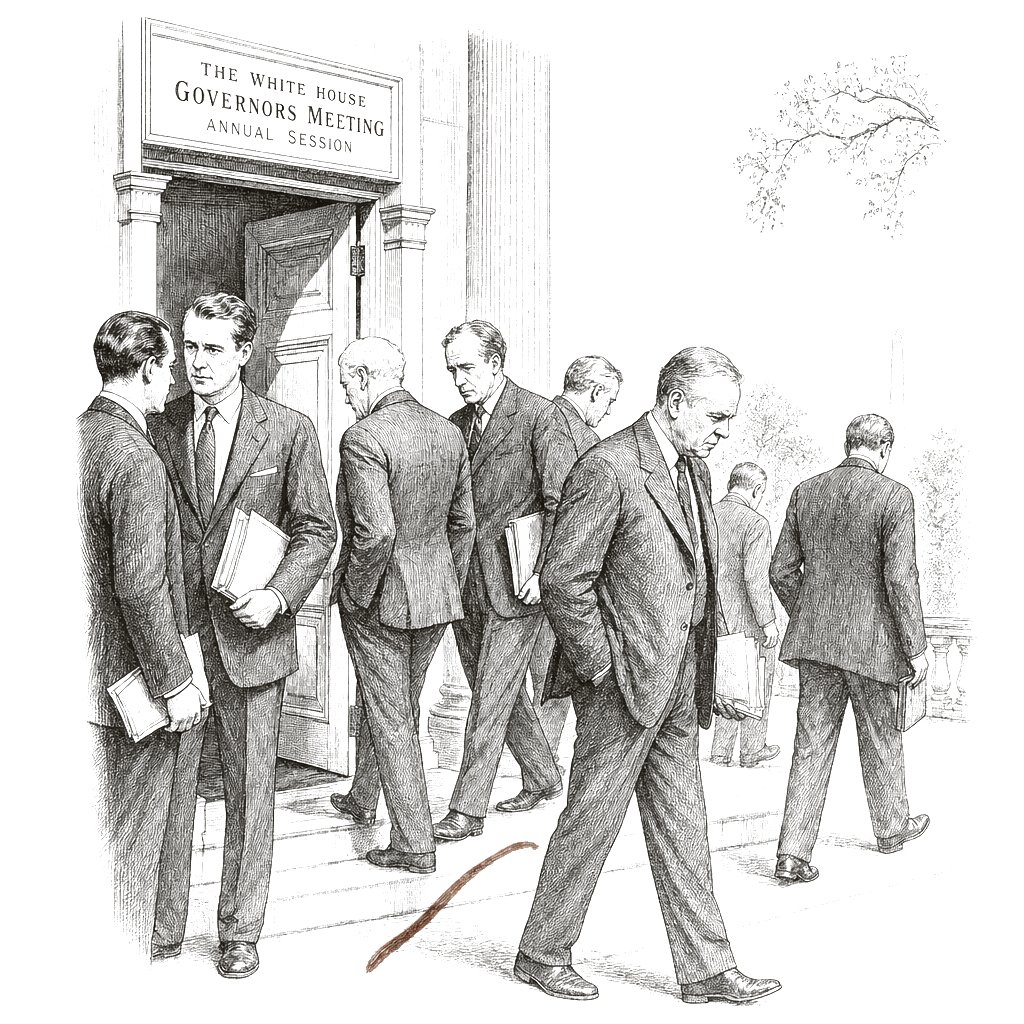 Illustration accompanying article: Governors group backs out of White House meeting after Trump excludes 2 Democrats