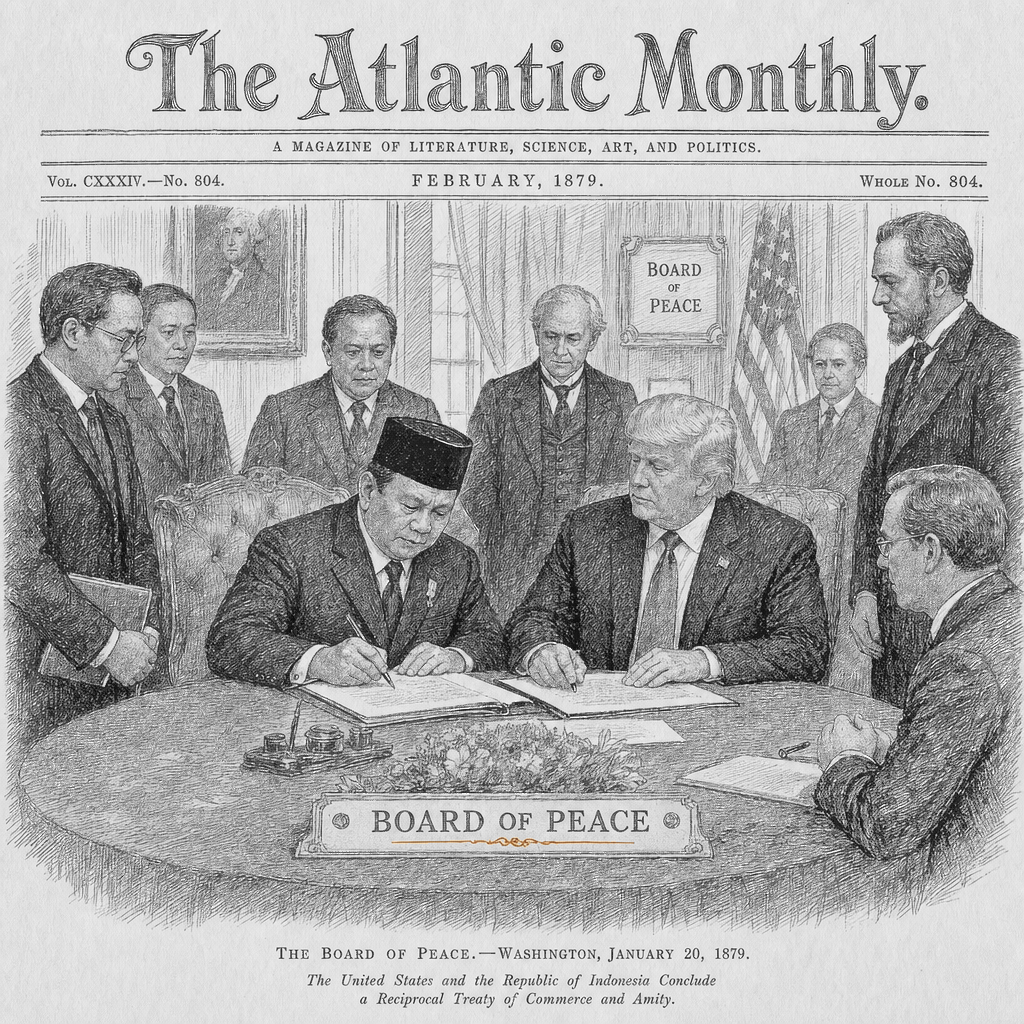 Illustration accompanying article: Indonesia, U.S. strike reciprocal trade deal during Trump Board of Peace meeting