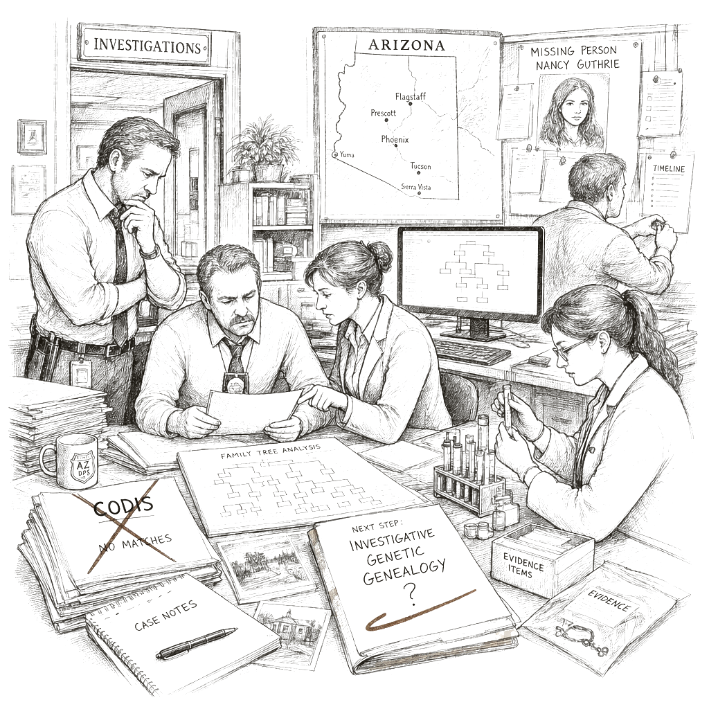 Illustration accompanying article: Police in Nancy Guthrie case consider DNA genealogy database searches