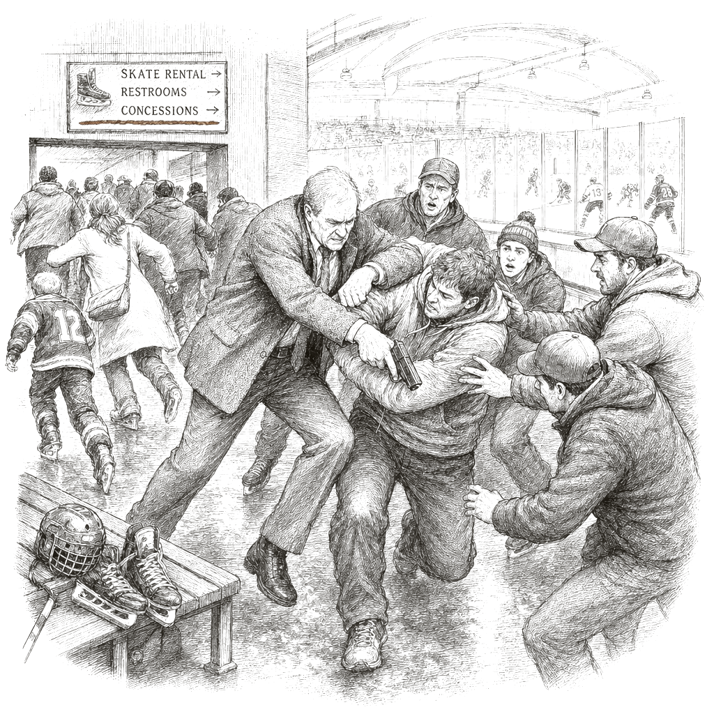 Illustration accompanying article: Retired Businessman and Bystanders Subdue Rhode Island Ice‑Rink Shooter
