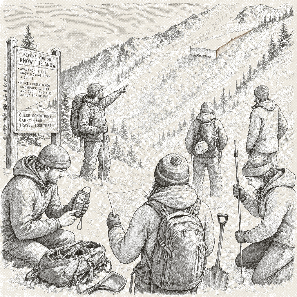 Illustration accompanying article: Safety gear, training and avalanche checks key for winter outings