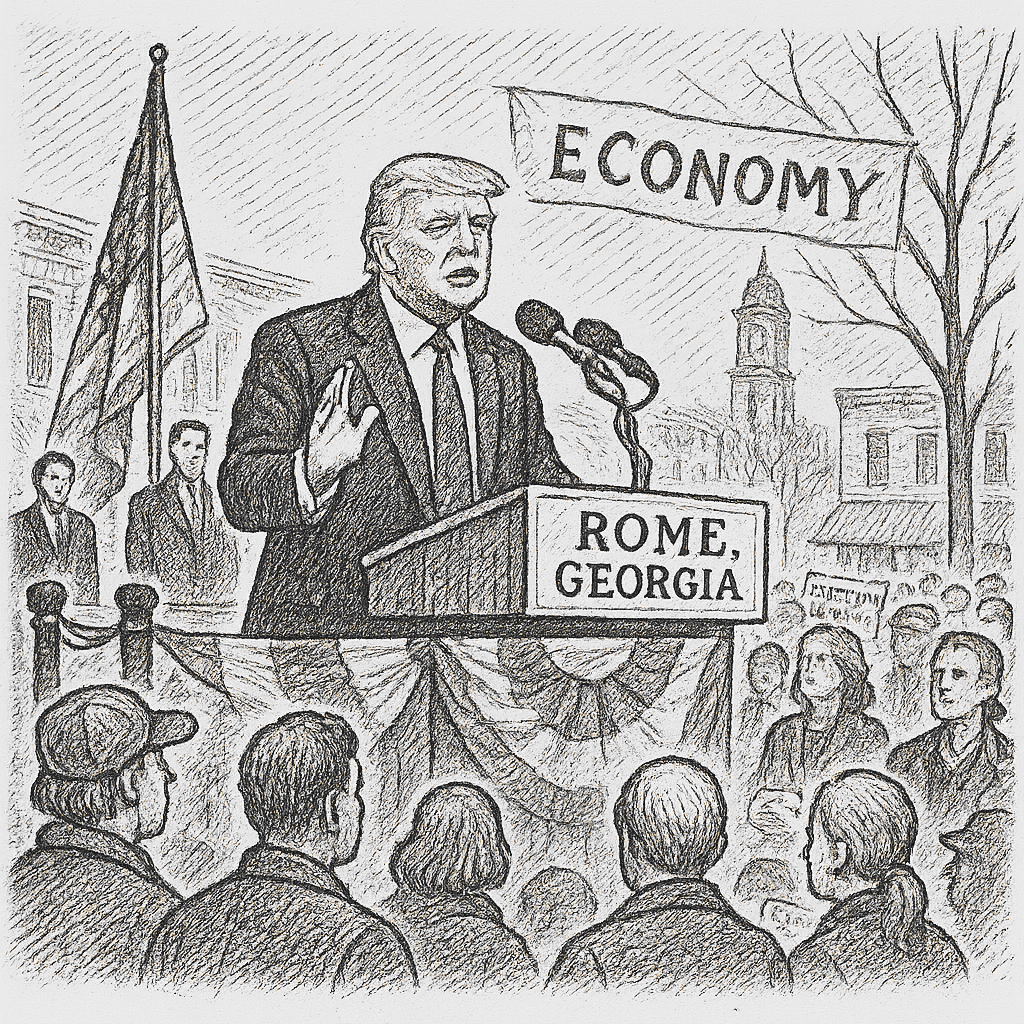 Illustration accompanying article: Trump campaign visit to Georgia spotlights election-fraud claims amid economy pitch
