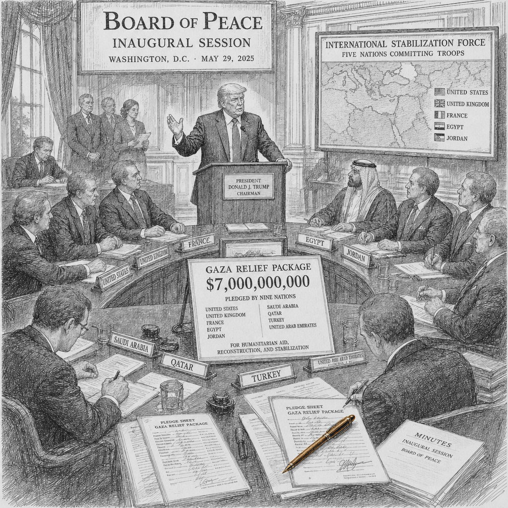 Illustration accompanying article: Trump’s Board of Peace pledges $7B for Gaza and troop commitments