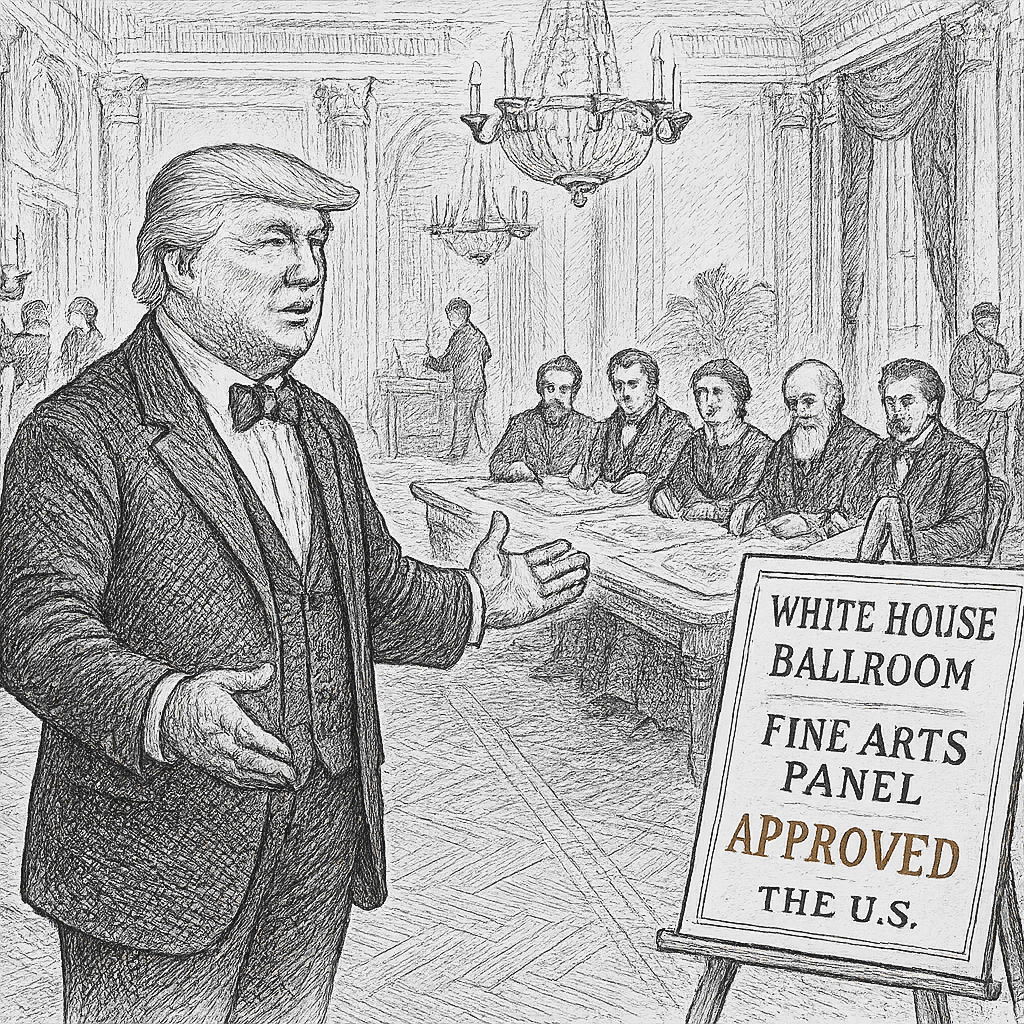 Illustration accompanying article: Trump’s White House ballroom approved by fine arts panel