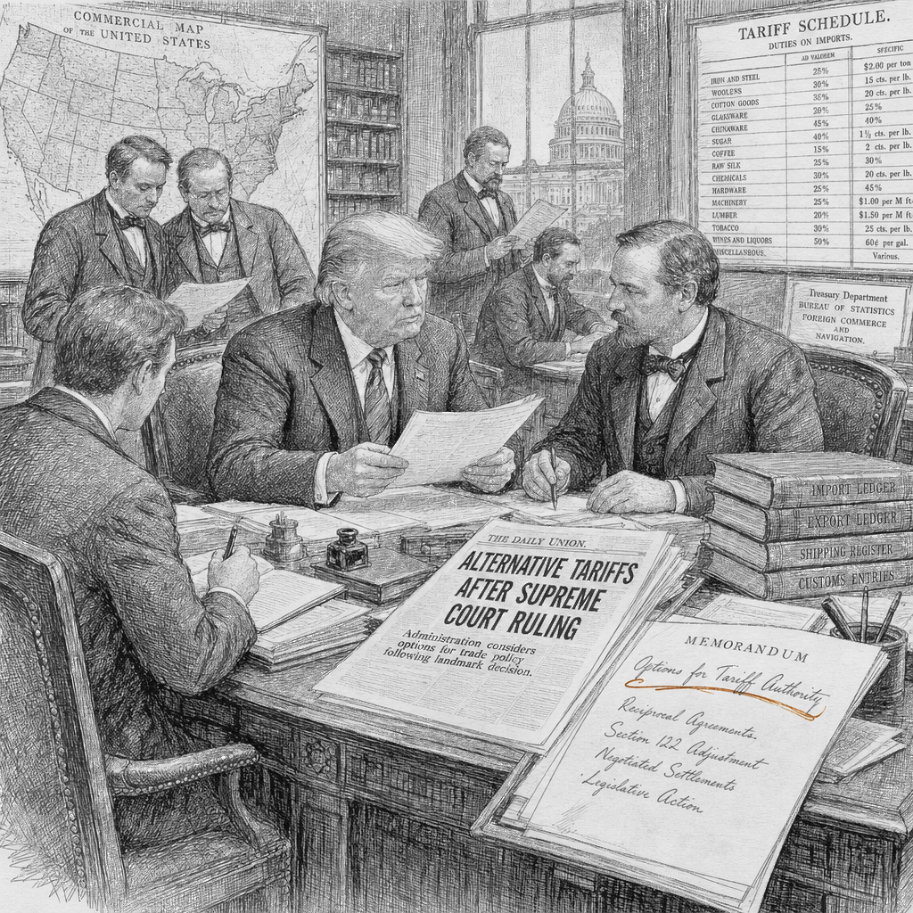 Illustration accompanying article: Trump plans alternative tariffs after Supreme Court ruling