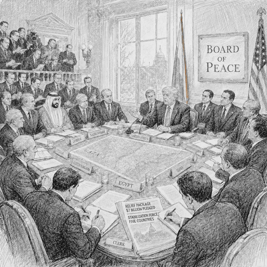 Illustration accompanying article: Trump’s Board of Peace pledges $7B for Gaza, troops for stabilization force
