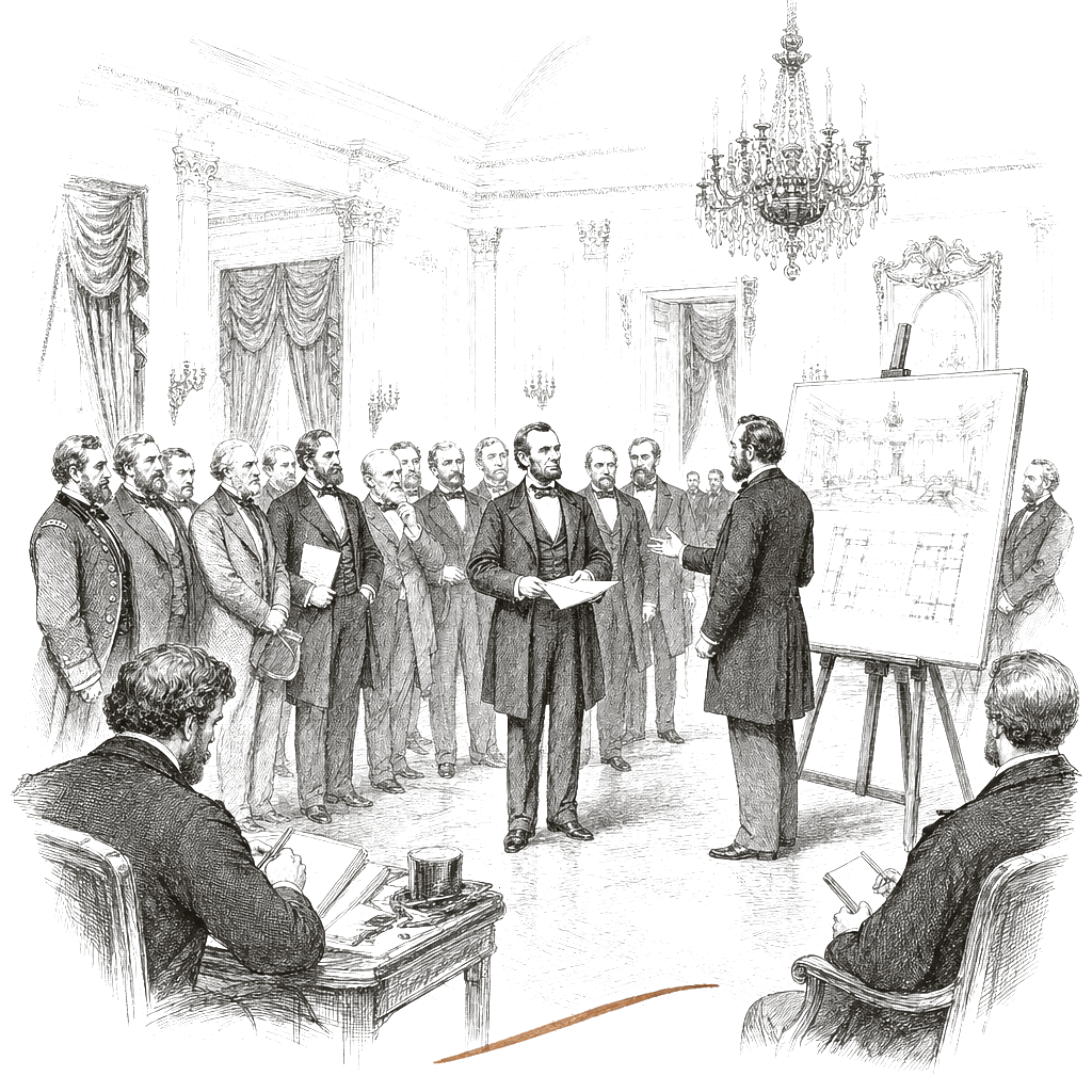 Illustration accompanying article: Trump’s White House ballroom gets approval from fine arts commission