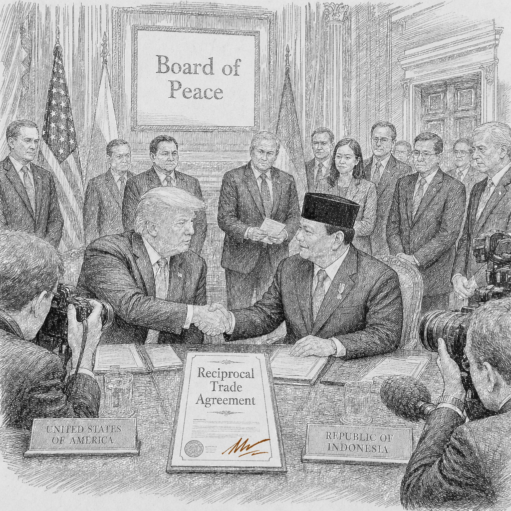 Illustration accompanying article: U.S. and Indonesia reach reciprocal trade deal alongside Trump’s Board of Peace