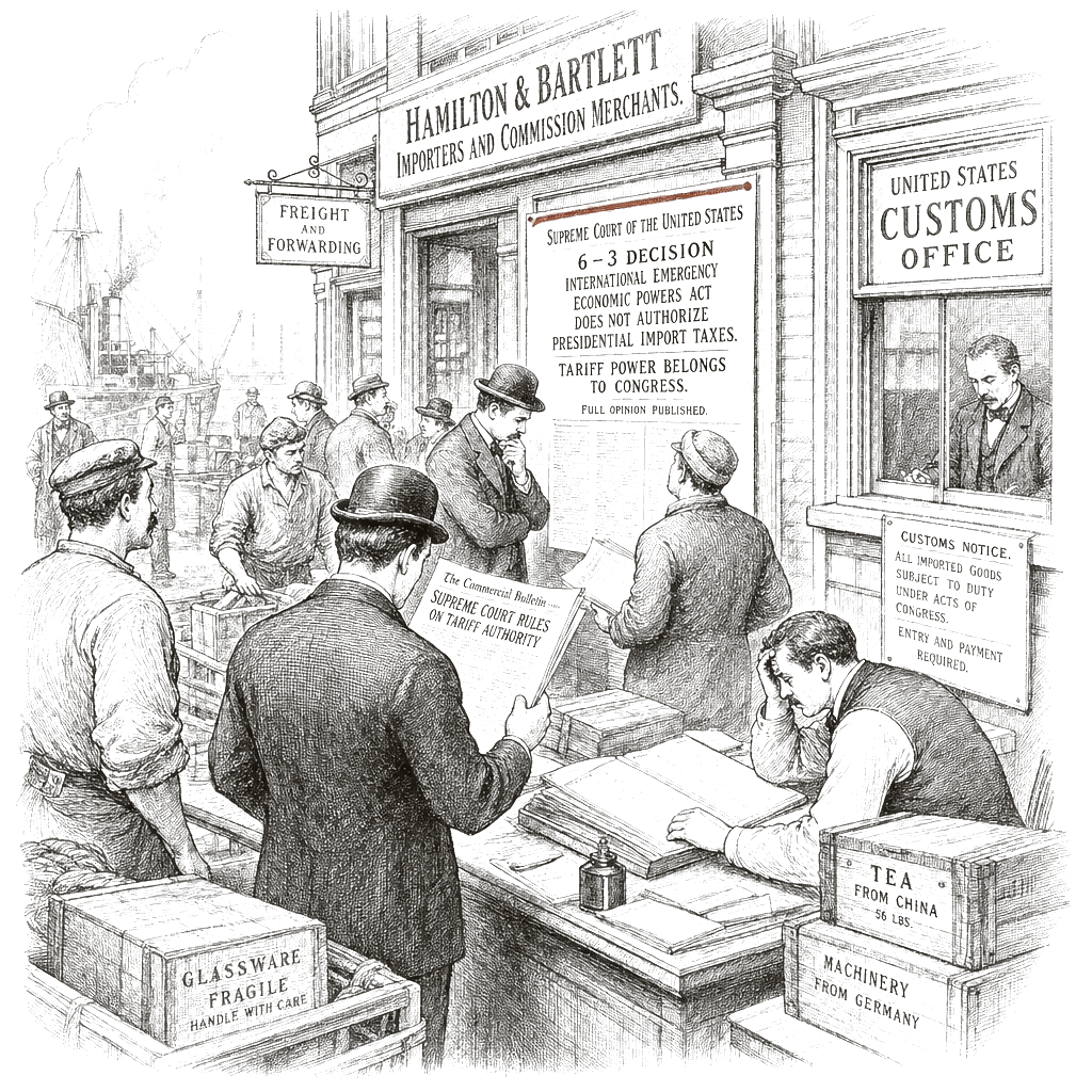 Illustration accompanying article: Businesses brace for uncertain trade policy after Supreme Court tariff ruling