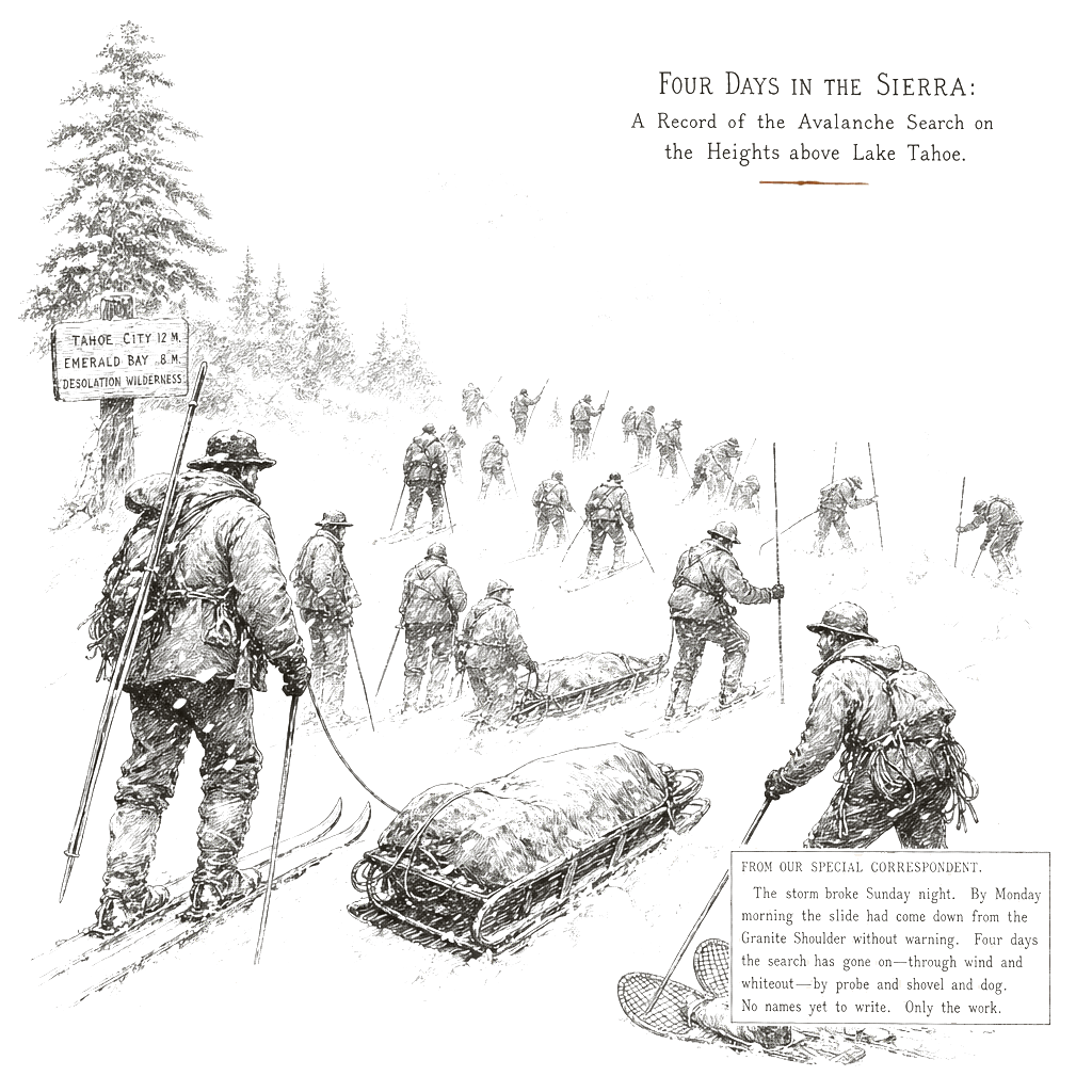 Illustration accompanying article: Crews recover 9 backcountry skiers killed in California avalanche