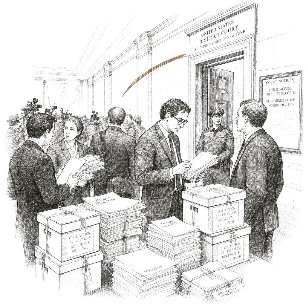 Illustration accompanying article: Maxwell lawyers challenge law forcing Epstein-files release