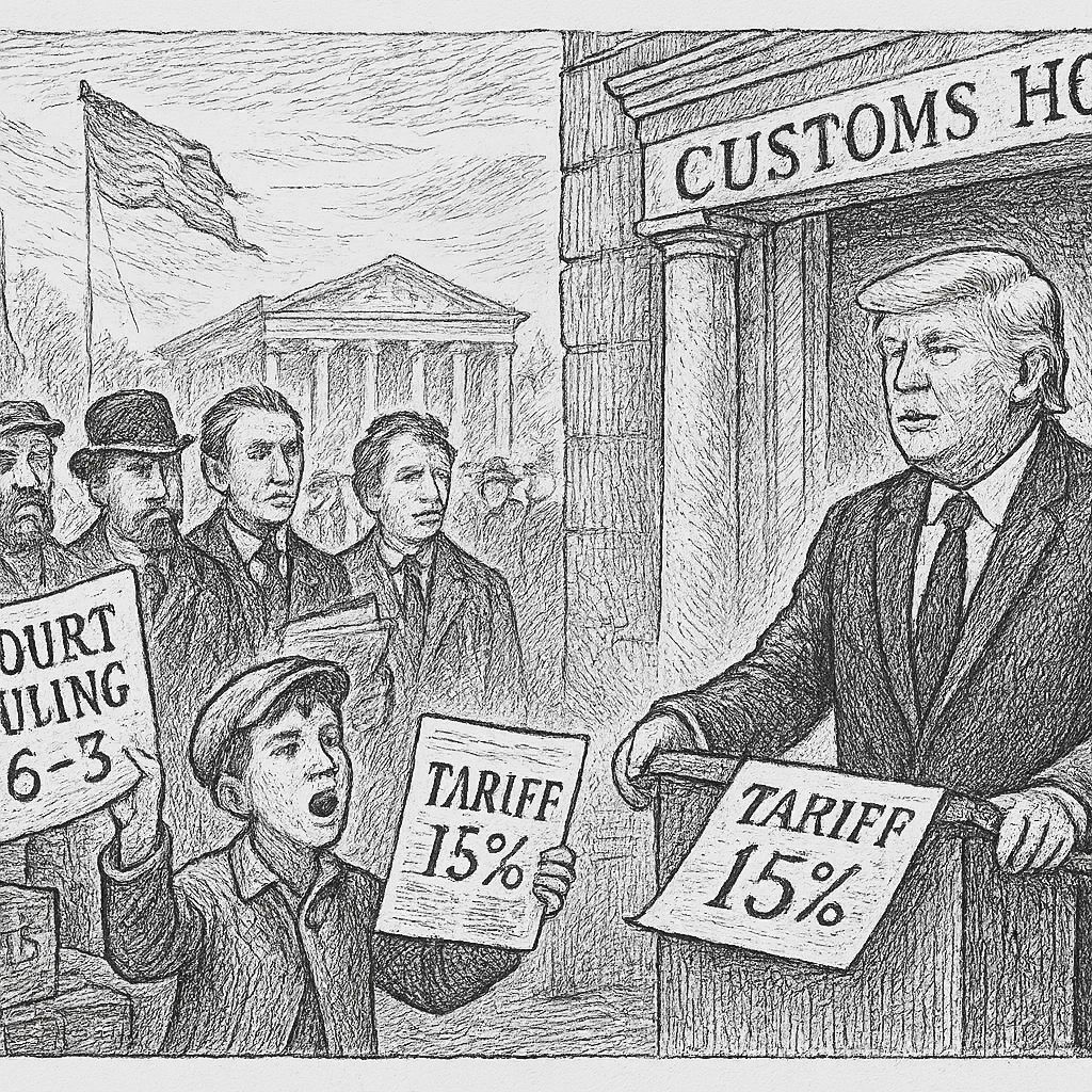 Illustration accompanying article: Trump raises tariffs to 15% despite Supreme Court ruling