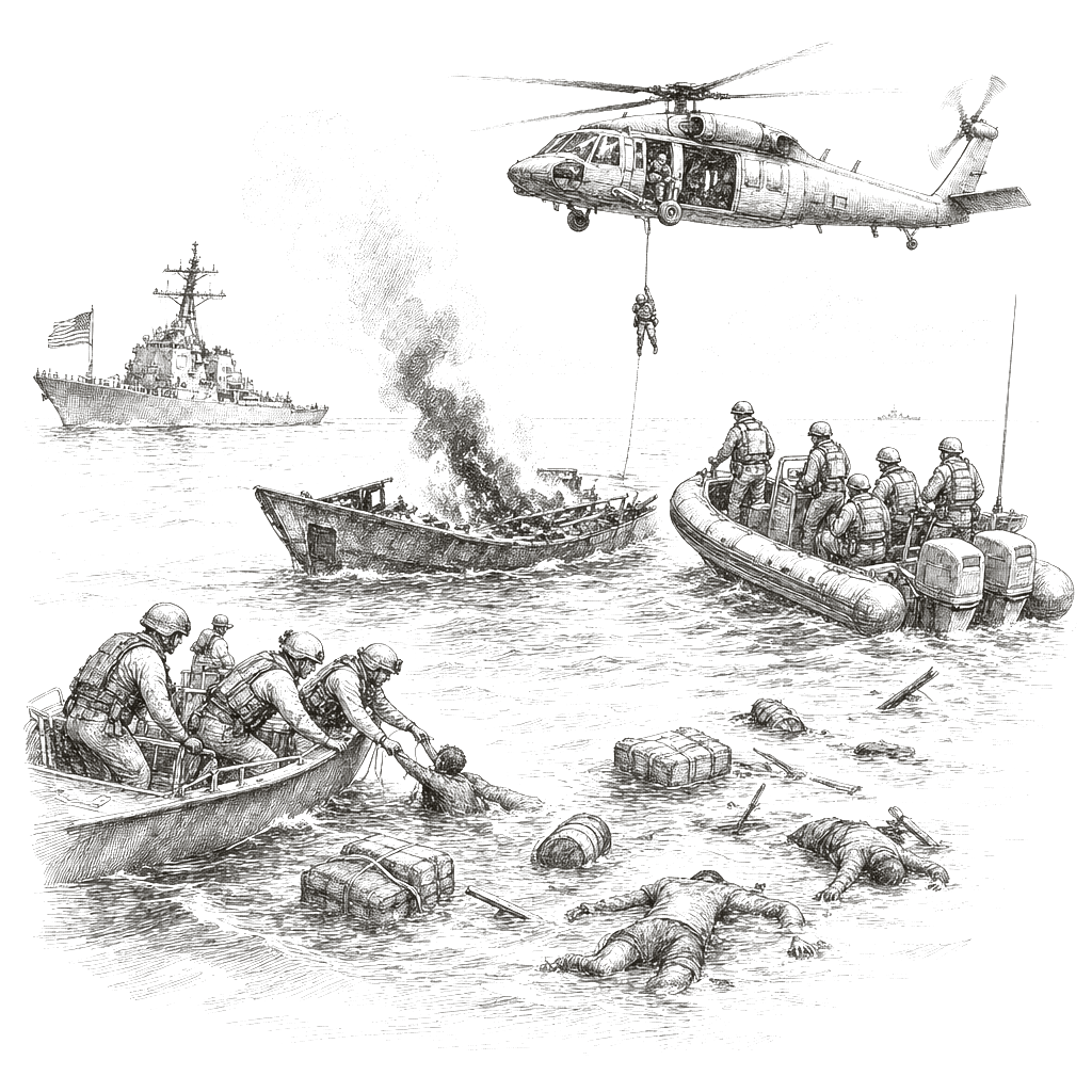 Illustration accompanying article: U.S. military strikes alleged drug boat, killing 3