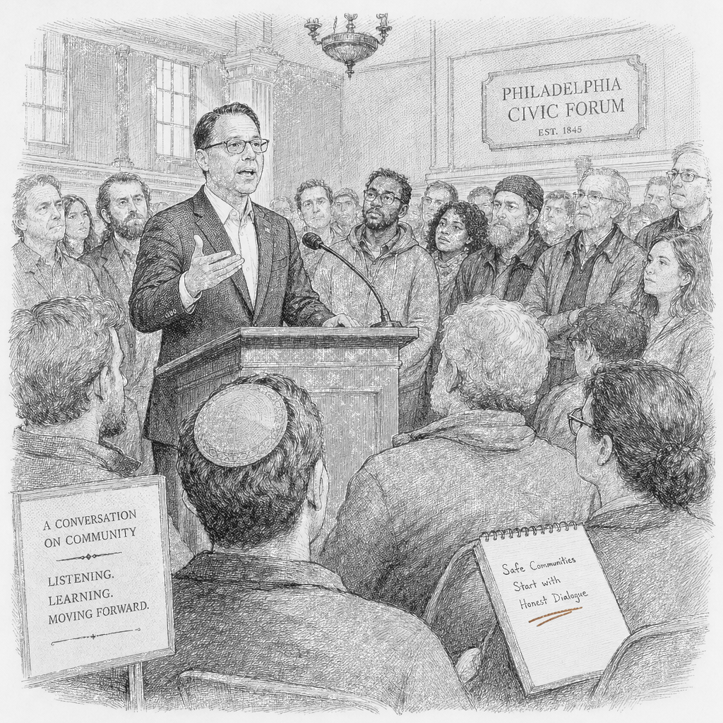Illustration accompanying article: Josh Shapiro says antisemitism is a problem on left and right