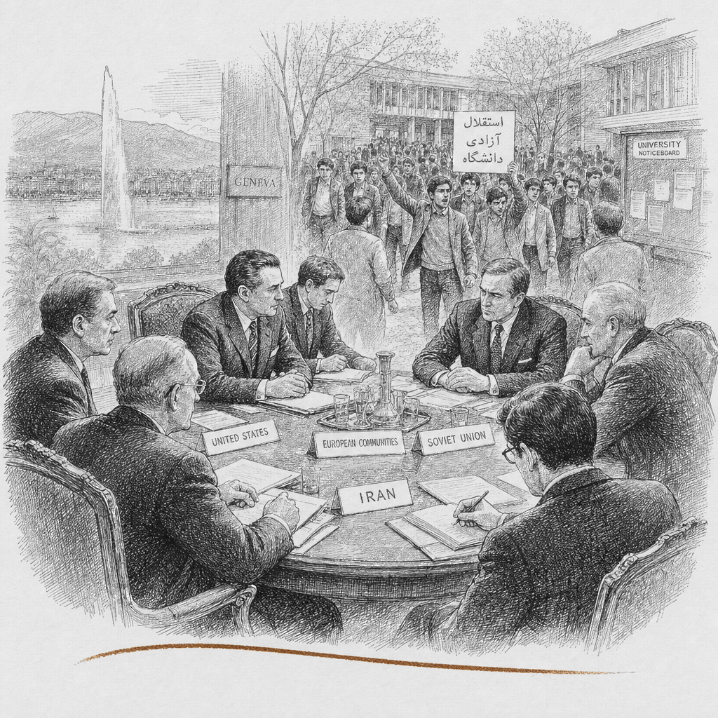 Illustration accompanying article: Nuclear talks resume Thursday as Iran faces fresh campus protests