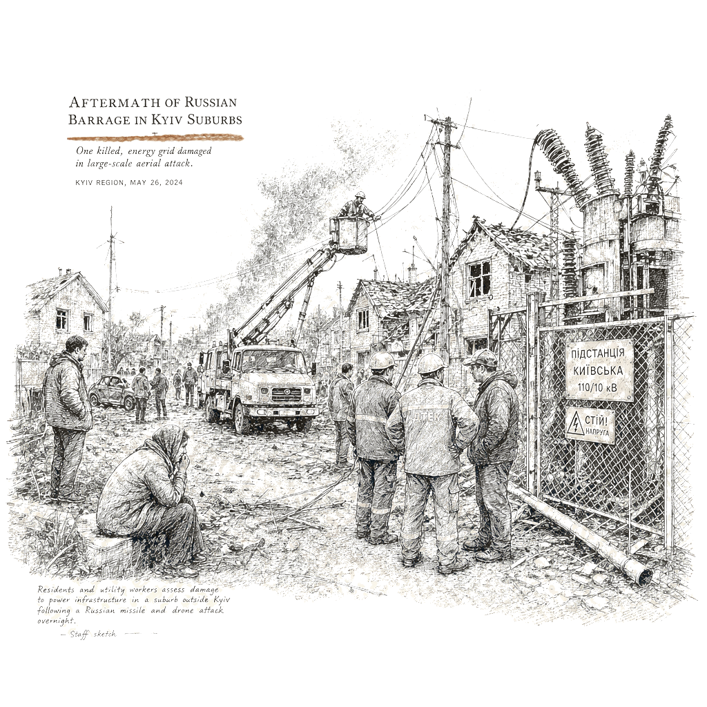 Illustration accompanying article: Russian barrage kills 1 in Kyiv suburbs, damages energy grid