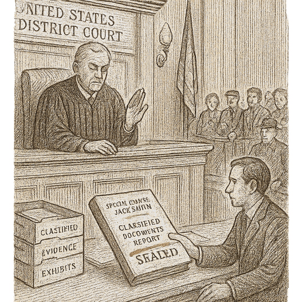 Illustration accompanying article: Judge bars release of Jack Smith's classified documents report