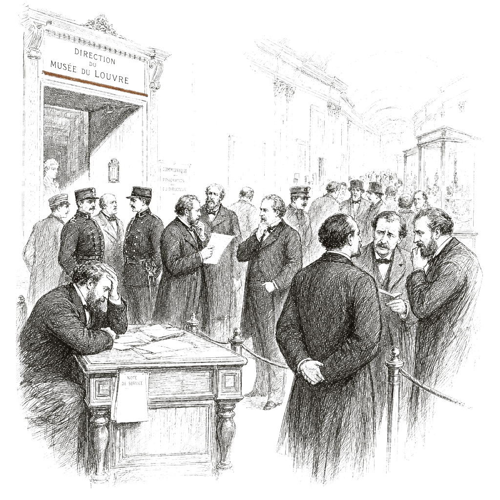 Illustration accompanying article: Louvre director resigns after crown jewels heist and institutional crises