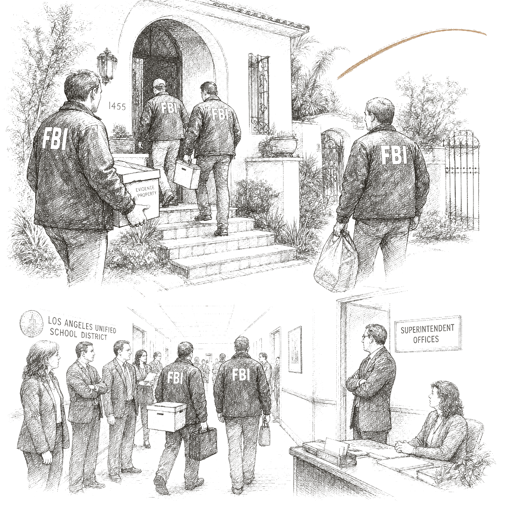 Illustration accompanying article: FBI searches home, LAUSD offices of Superintendent Alberto Carvalho