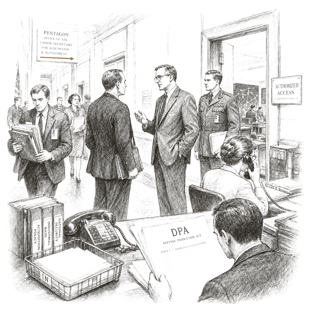 Illustration accompanying article: What to know about Defense Production Act and Pentagon’s Anthropic ultimatum