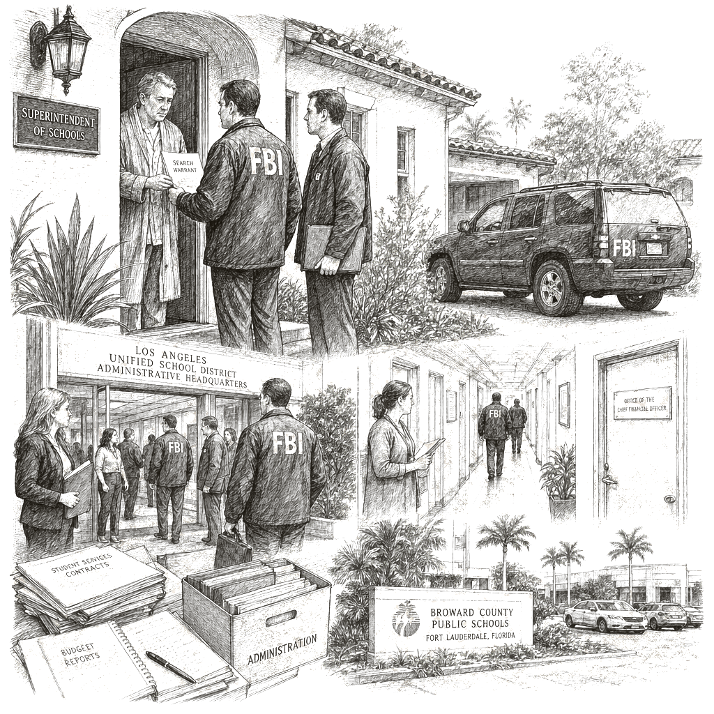 Illustration accompanying article: FBI searches LA school superintendent Alberto Carvalho’s home and district sites