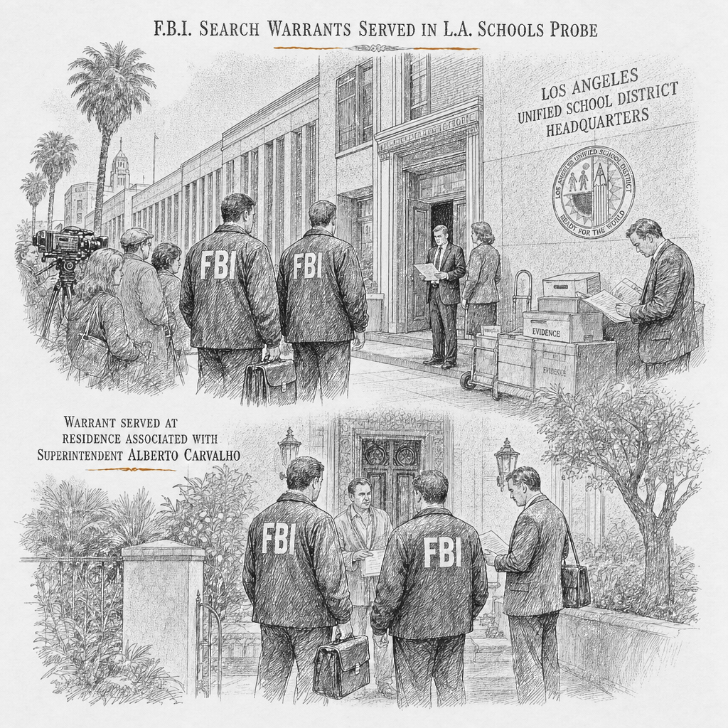 Illustration accompanying article: FBI serves search warrants at Los Angeles Unified School District sites