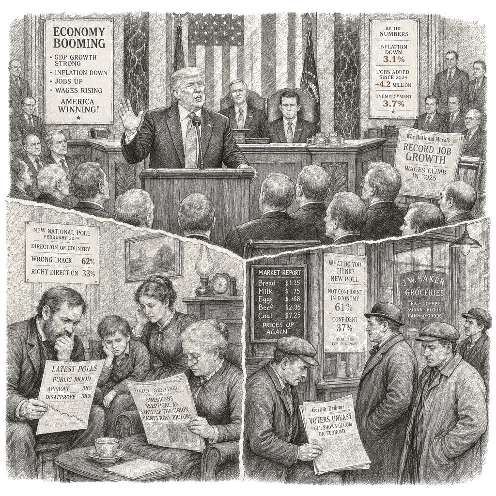 Illustration accompanying article: Trump sells booming economy in State of the Union as polls stay gloomy