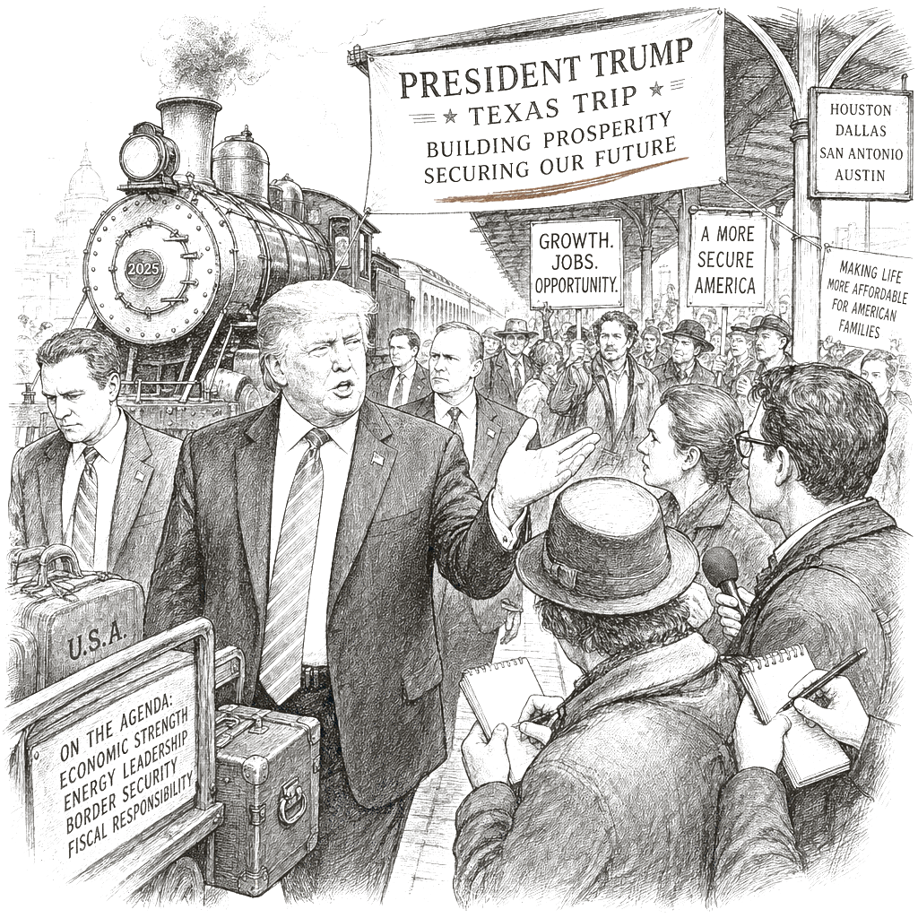 Illustration accompanying article: Trump starts midterm message push after State of the Union trip to Texas