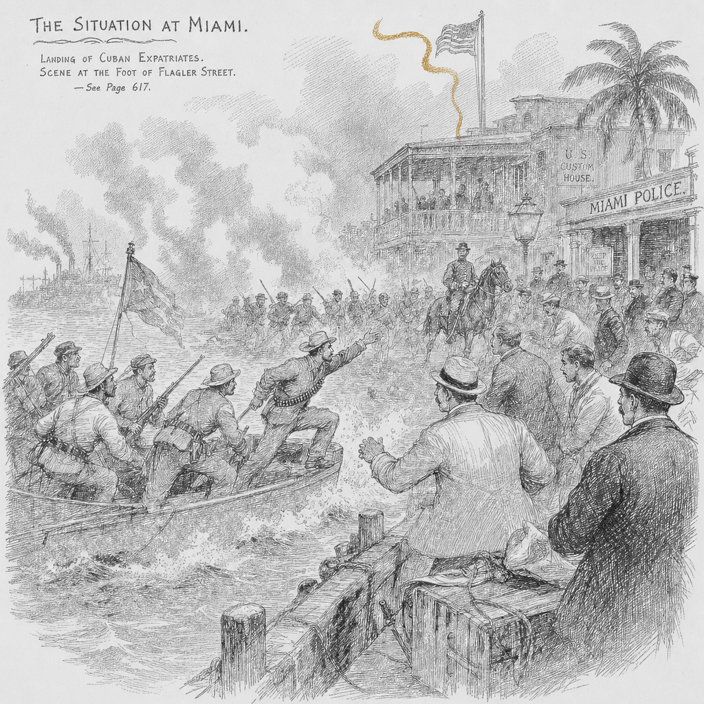 Illustration accompanying article: Cuban troops clash with armed expatriates in speedboat killing 4