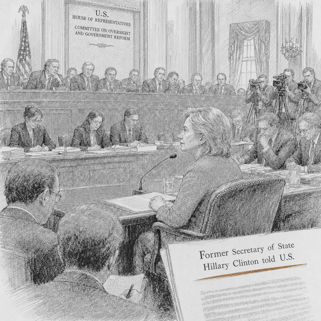 Illustration accompanying article: Hillary Clinton testifies in House probe of Jeffrey Epstein ties