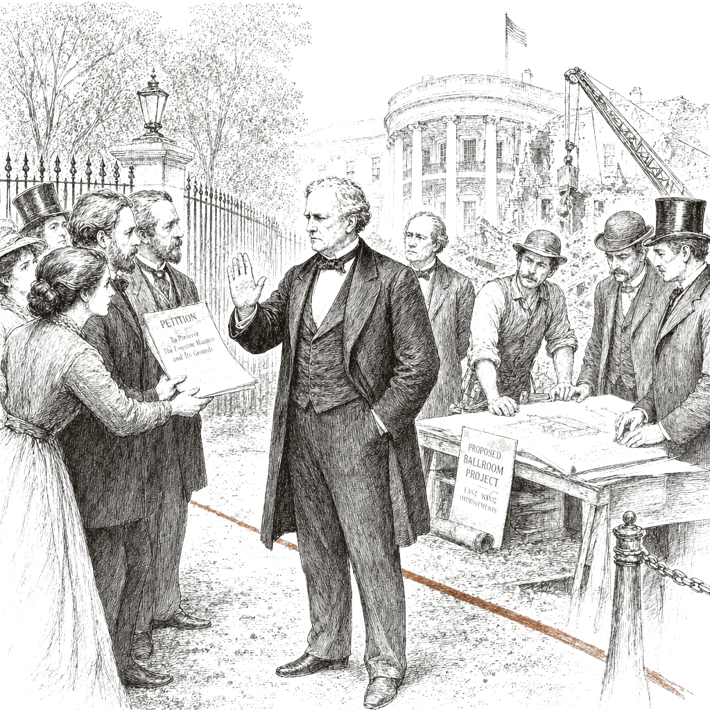 Illustration accompanying article: Judge rejects request to block Trump White House ballroom project