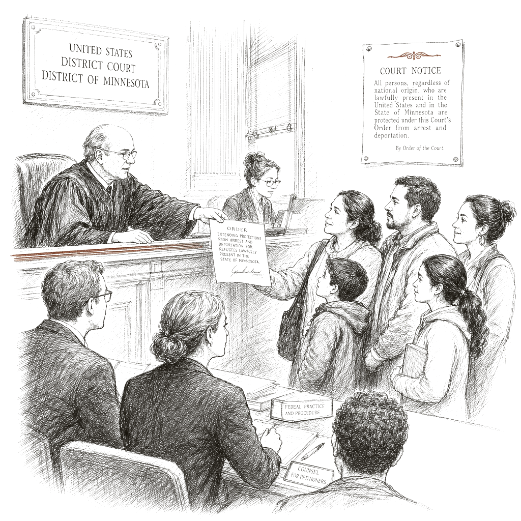 Illustration accompanying article: Judge extends order protecting Minnesota refugees from arrest and deportation