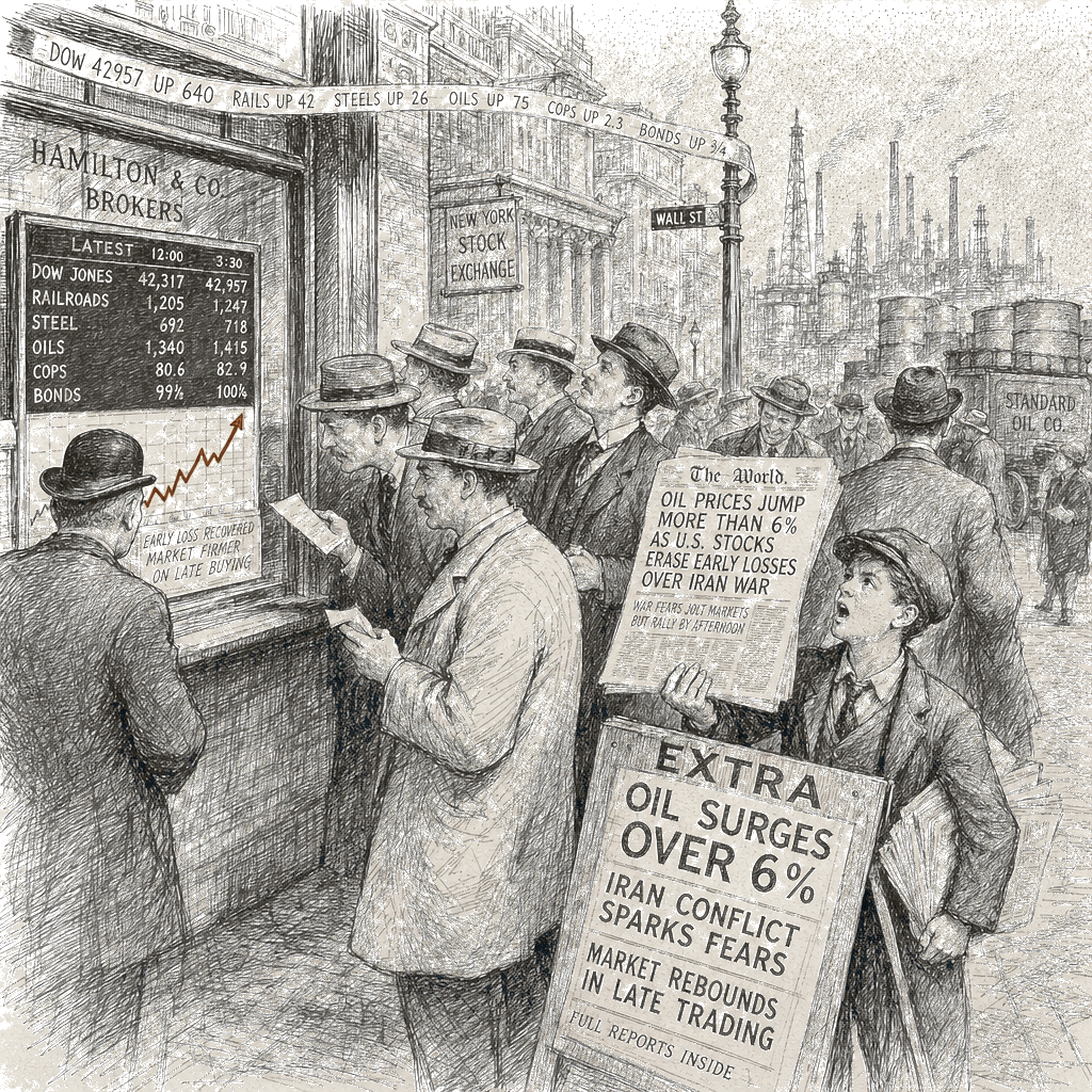 Illustration accompanying article: Oil prices jump more than 6% as U.S. stocks erase early losses over Iran war