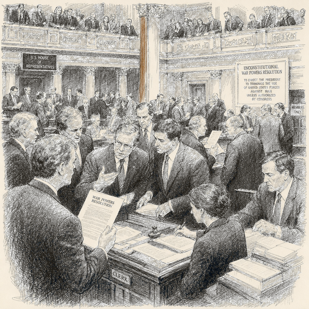 Illustration accompanying article: War powers debate intensifies in Congress after Trump orders Iran strikes