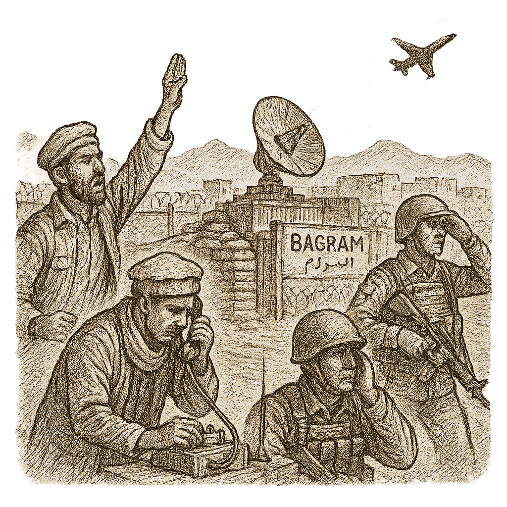 Illustration accompanying article: Afghanistan says it thwarted Pakistani airstrike on Bagram as fighting continues