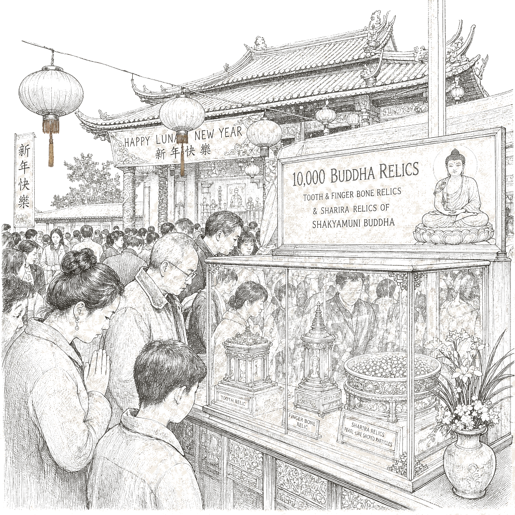Illustration accompanying article: Lunar New Year draws crowds to Buddhist temple relic display in Rosemead
