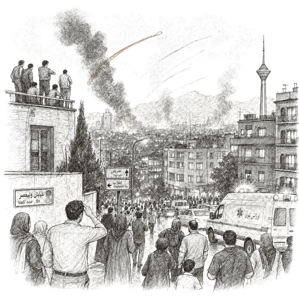 Illustration accompanying article: Explosions in Iran’s capital as US, Israel war enters 5th day