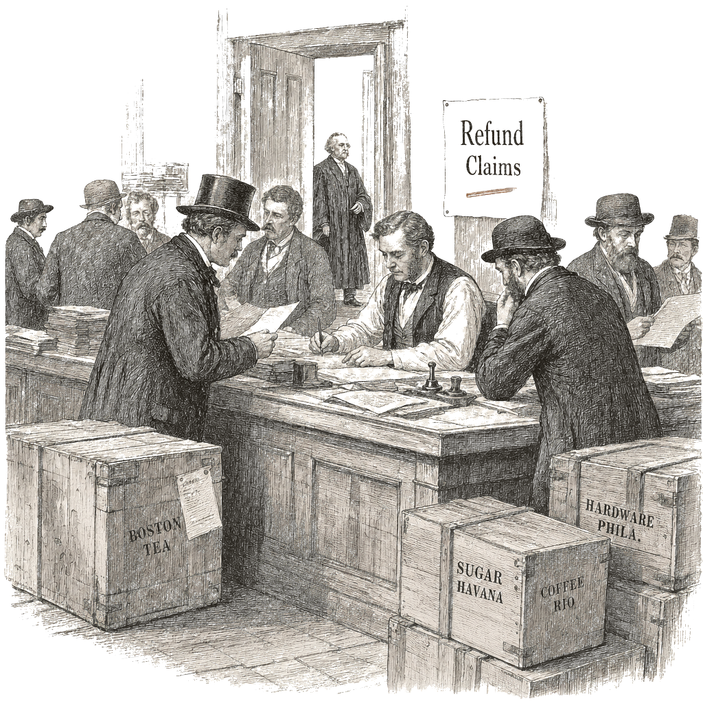 Illustration accompanying article: Federal judge rules importers entitled to refunds for struck-down Trump tariffs
