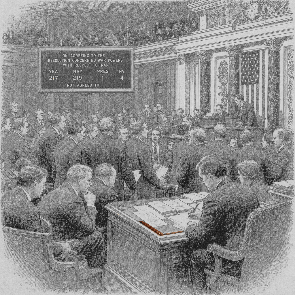 Illustration accompanying article: House narrowly rejects Iran war powers resolution in test of Trump strategy