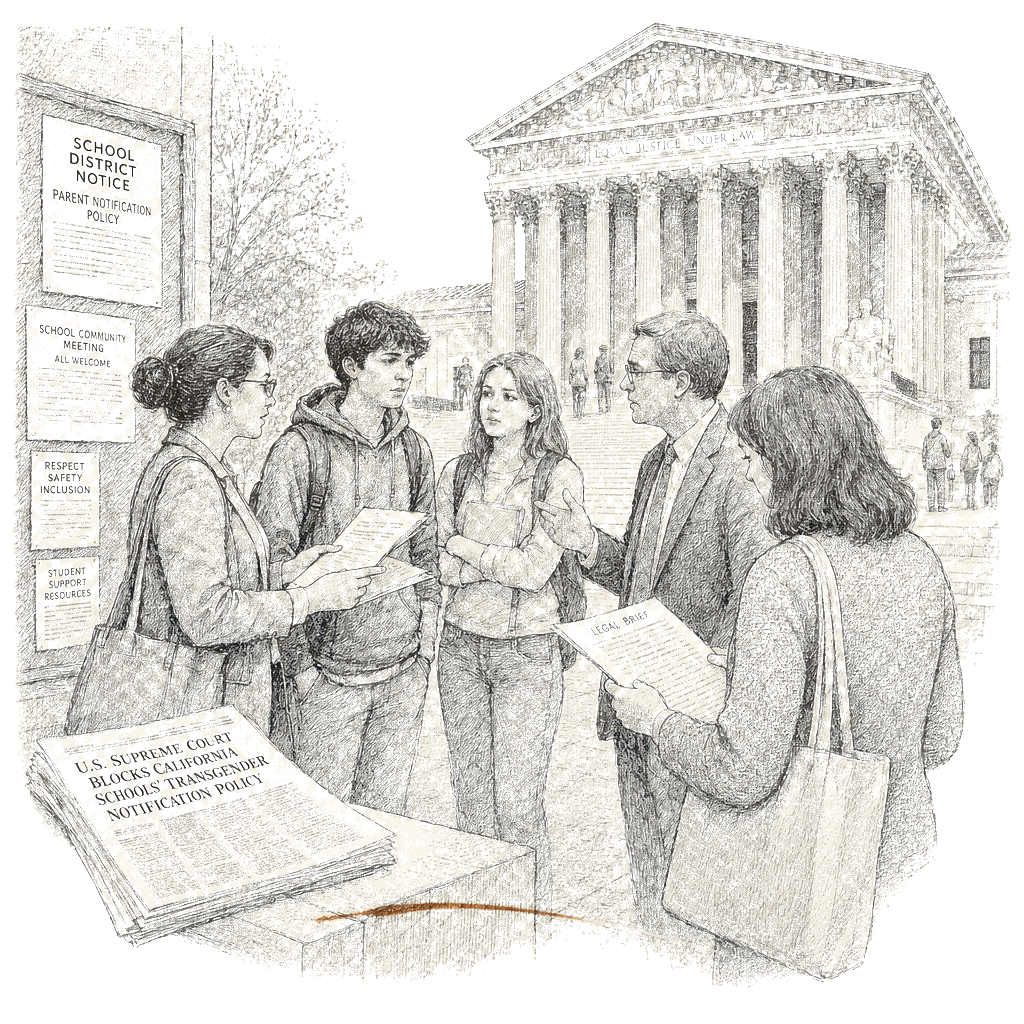 Illustration accompanying article: Supreme Court blocks California schools’ transgender notification policy
