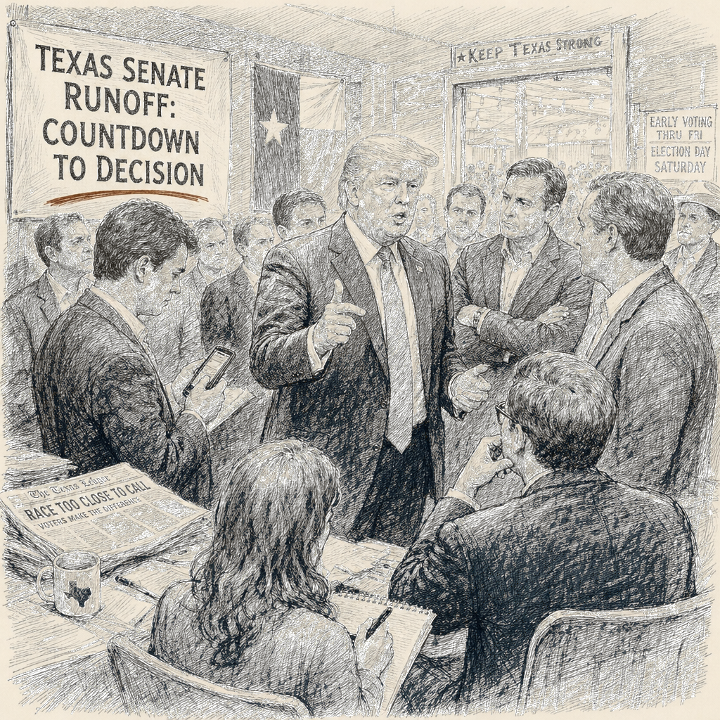 Illustration accompanying article: Trump promises Texas Senate runoff endorsement as Cornyn-Paxton contest intensifies