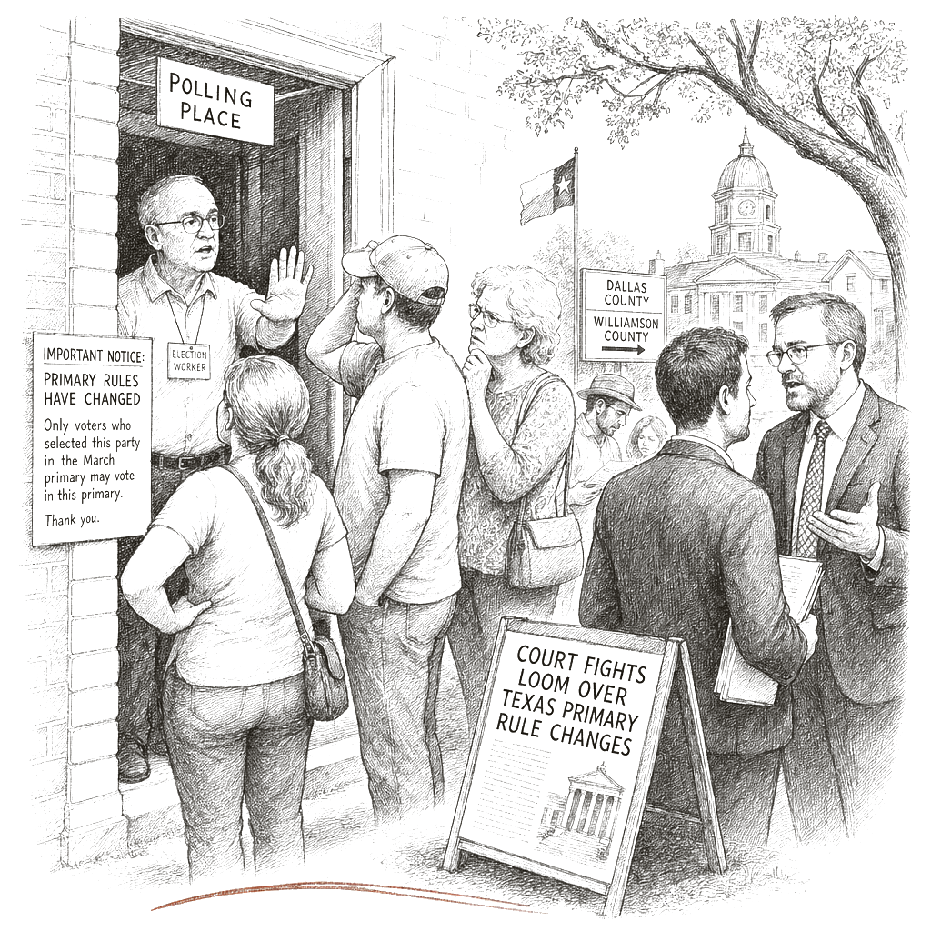 Illustration accompanying article: Voters turned away in Dallas and Williamson after Texas GOP primary change