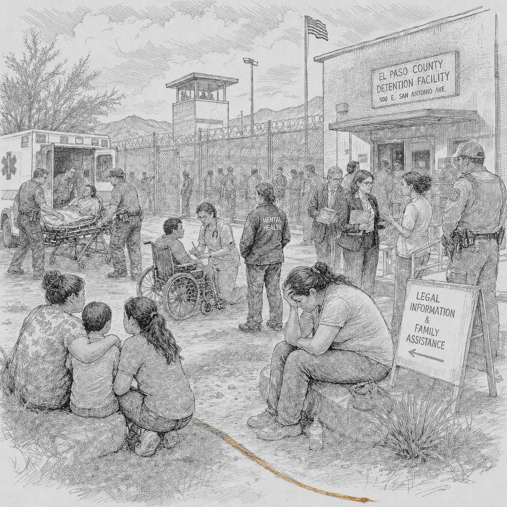 Illustration accompanying article: 911 calls and interviews raise concerns about ICE camp conditions in El Paso