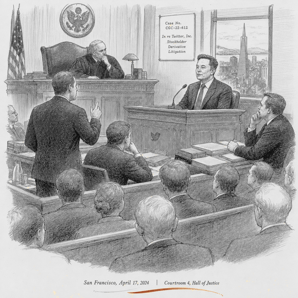 Illustration accompanying article: Elon Musk testifies in San Francisco trial over Twitter stock losses