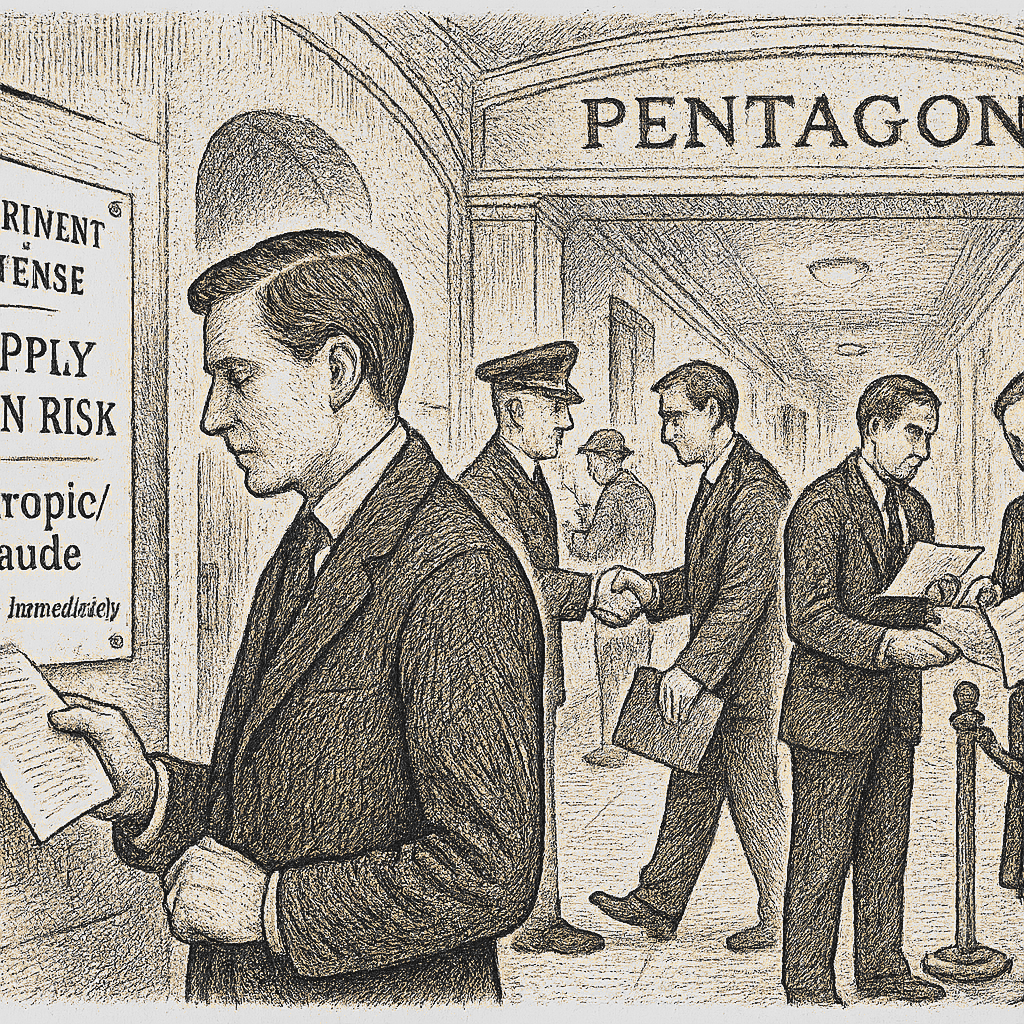 Illustration accompanying article: Pentagon designates Anthropic a supply chain risk, threatening Claude's military use