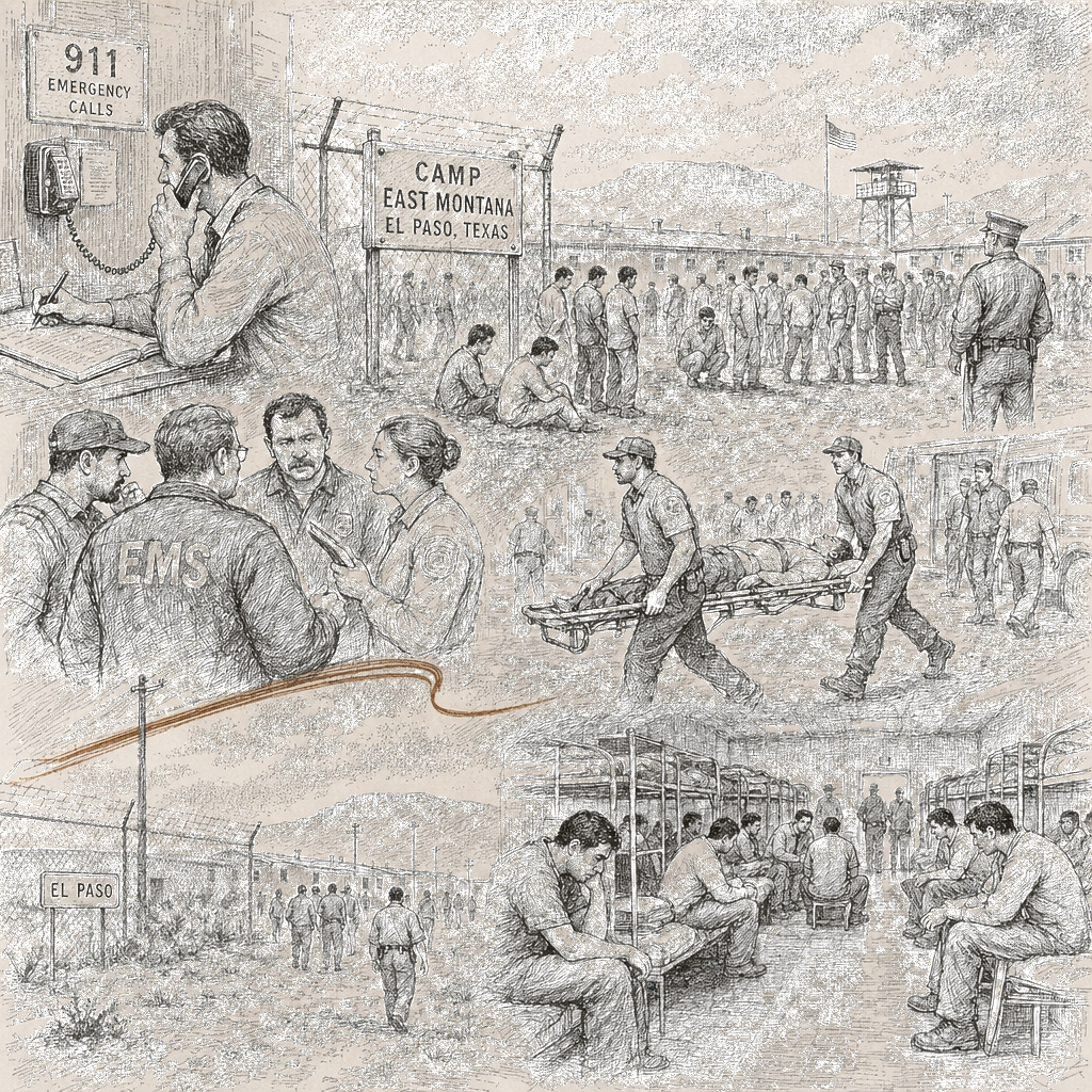 Illustration accompanying article: 911 calls document deaths and neglect at ICE's largest detention camp